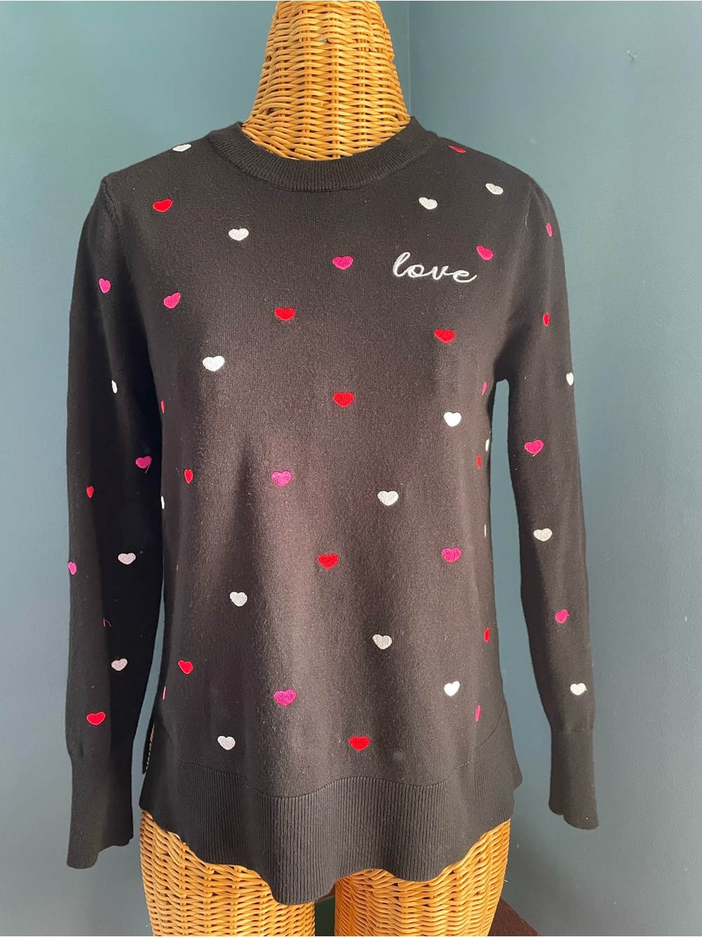 Marked by RC Black Heart Embroidered Sweater Love Cursive Valentine Crewneck
